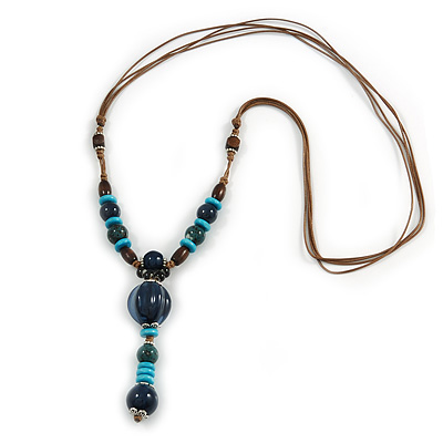 Long Blue, Teal, Brown Ceramic Bead  Light Brown Silk Cord Necklace - 70cm to 90cm Long (Adjustable) - main view