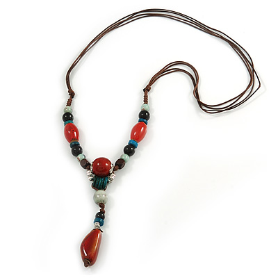 Blue/ Black/ Red Ceramic, Brown Wood Bead with Silk Cords Necklace - 56cm to 80cm Long/ Adjustable - main view