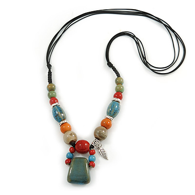 Pastel Multicoloured Ceramic Bead with Black Silk Cords Necklace - 50cm to 80cm Long/ Adjustable - main view