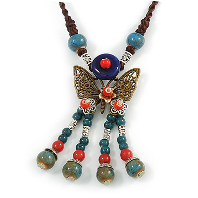 Bronze Tone, Ceramic Bead Butterfly Pendant with Brown Silk Cord Necklace - 72cm L/ 9cm Tassel
