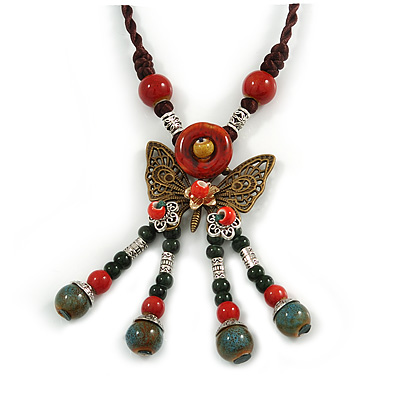 Bronze Tone, Ceramic Bead Butterfly Pendant with Brown Silk Cord Necklace - 72cm L/ 9cm Tassel - main view