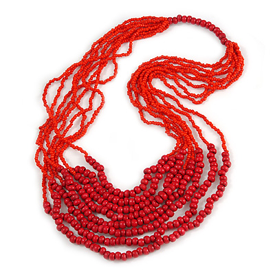 Statement Cherry Red Wood and Fire Red Glass Bead Multistrand Necklace - 78cm L - main view
