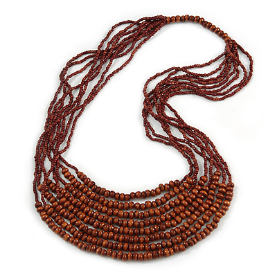 Statement Brown Wood and Glass Bead Multistrand Necklace - 78cm L - main view