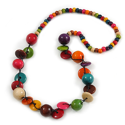 Multicoloured Round and Button Wood Bead Long Necklace - 88cm L