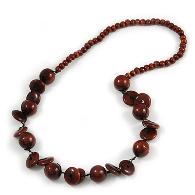 Brown Round and Button Wood Bead Long Necklace - 88cm L - main view