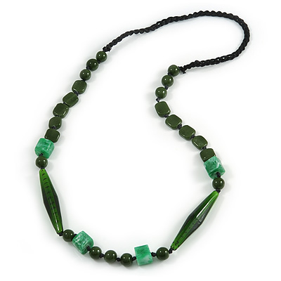 Statement Glass, Resin, Ceramic Bead Black Cord Necklace In Green - 88cm L