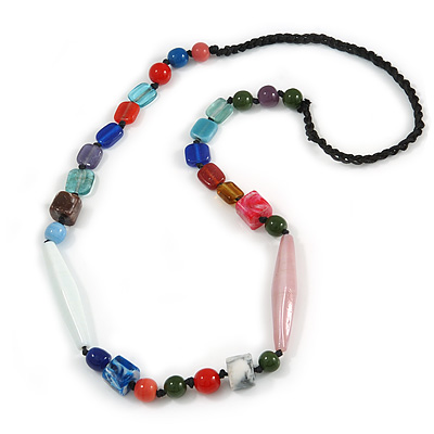Statement Multicoloured Glass, Resin, Ceramic Bead Black Cord Necklace - 88cm L - main view