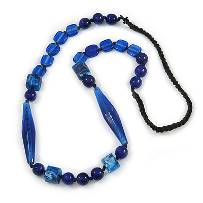 Statement Glass, Resin, Ceramic Bead Black Cord Necklace In Blue - 88cm L - main view