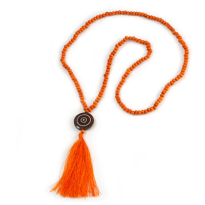 Long Orange Wood Bead Cotton Tassel Necklace - 90cm L/ 15cm Tassel - main view