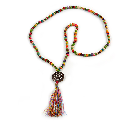 Long Multicoloured Wood Bead Cotton Tassel Necklace - 90cm L/ 15cm Tassel