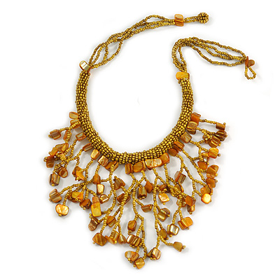 Mustard Yellow Shell Nugget, Glass Bead Fringe Necklace - 42cm L/ 11cm Front Drop - main view