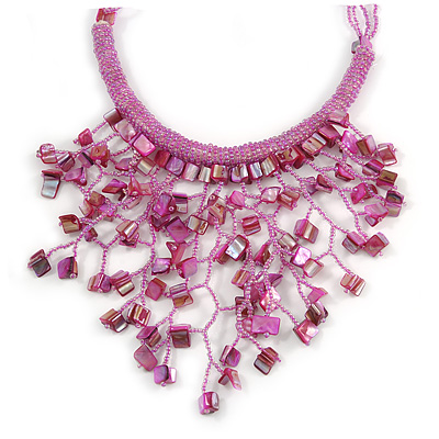 Pink Shell Nugget, Glass Bead Fringe Necklace - 42cm L/ 11cm Front Drop - main view
