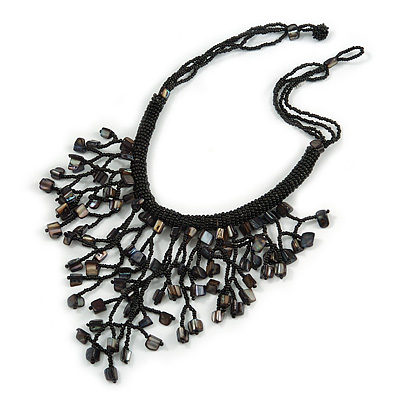 Black Shell Nugget, Glass Bead Fringe Necklace - 42cm L/ 11cm Front Drop - main view