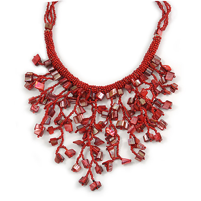 Red Shell Nugget, Glass Bead Fringe Necklace - 42cm L/ 11cm Front Drop - main view
