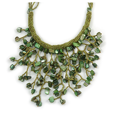 Green/ Olive Shell Nugget, Glass Bead Fringe Necklace - 42cm L/ 11cm Front Drop - main view
