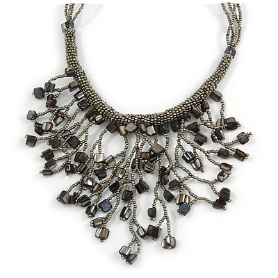 Silver Grey Shell Nugget, Glass Bead Fringe Necklace - 42cm L/ 11cm Front Drop - main view