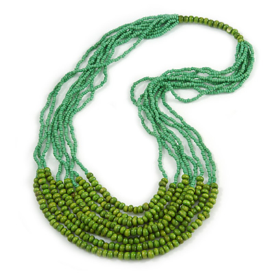 Statement Green Wood and Glass Bead Multistrand Necklace - 76cm L - main view