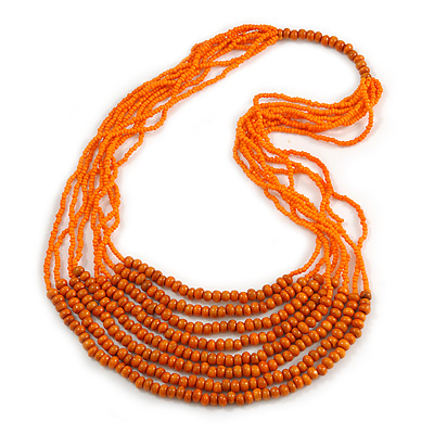 Statement Orange Wood and Glass Bead Multistrand Necklace - 78cm L - main view
