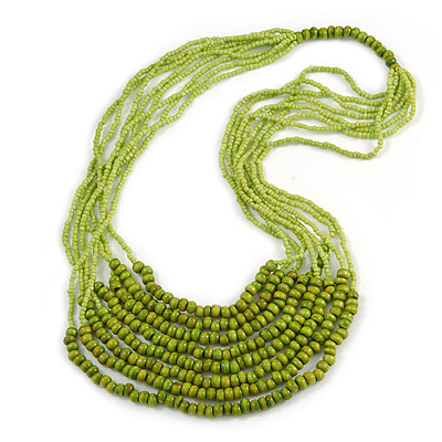 Statement Olive Wood and Salad Green Glass Bead Multistrand Necklace - 74cm L - main view