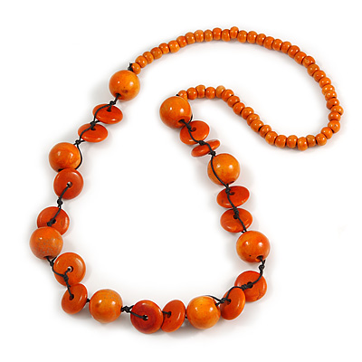 Orange Round and Button Wood Bead Long Necklace - 90cm L - main view