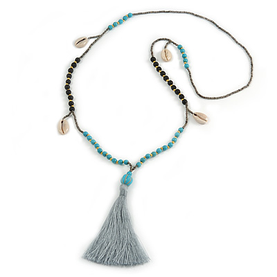 Trendy Turquoise, Sea Shell, Faux Tree Seed, Hematite Glass Bead Light Grey Cotton Tassel Long Necklace - 90cm L/ 12cm Tassel - main view