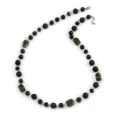 Black Pearl Style, Glass and Floral Ceramic Beaded Necklace - 72cm L/ 4cm Ext - main view
