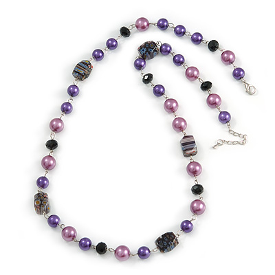 Purple Pearl Style, Black Glass and Floral Ceramic Beaded Necklace - 72cm L/ 4cm Ext - main view