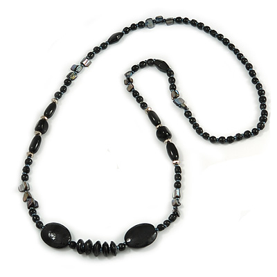 Statement Black Ceramic, Glass, Shell Beads Long Necklace - 104cm Long - main view