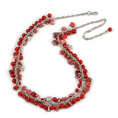 Statement Glass, Nugget Silver Tone Chain Necklace in (Red) - 60cm L/ 8cm Ext - main view