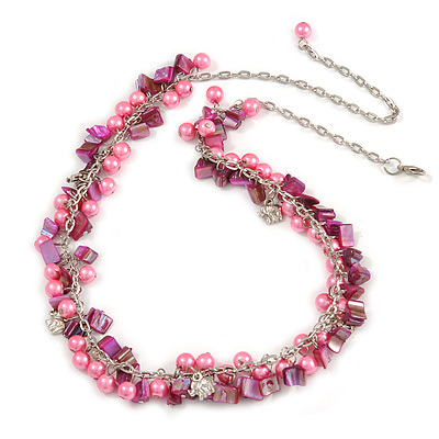 Statement Pink Glass, Magenta Nugget Silver Tone Chain Necklace - 60cm L/ 8cm Ext - main view