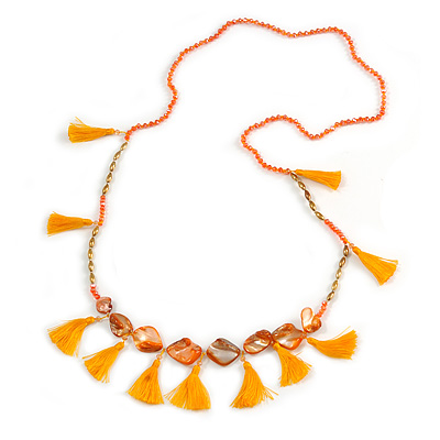 Statement Long Sea Shell, Crystal and Acrylic Bead with Multi Cotton Tassel Necklace (Orange/ Gold) - 96cm L - main view