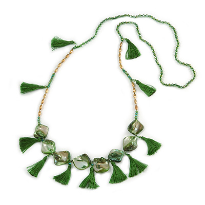 Statement Long Sea Shell, Crystal and Acrylic Bead with Multi Cotton Tassel Necklace (Green/ Gold) - 96cm L - main view