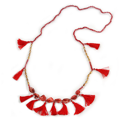 Statement Long Sea Shell, Crystal and Acrylic Bead with Multi Cotton Tassel Necklace (Red/ Gold) - 96cm L - main view