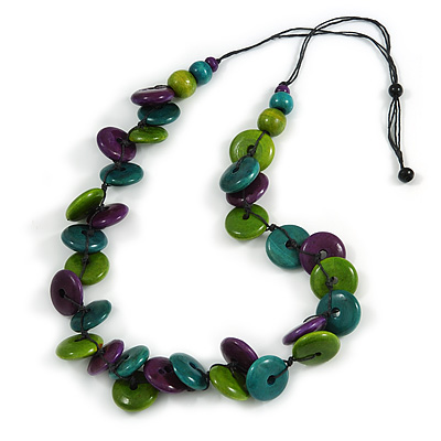 Statement Button Wood Bead Black Cord Necklace (Purple/ Teal/ Lime Green) - 84cm L