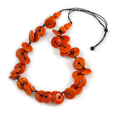 Statement Button Wood Bead Black Cord Necklace (Orange) - 84cm L