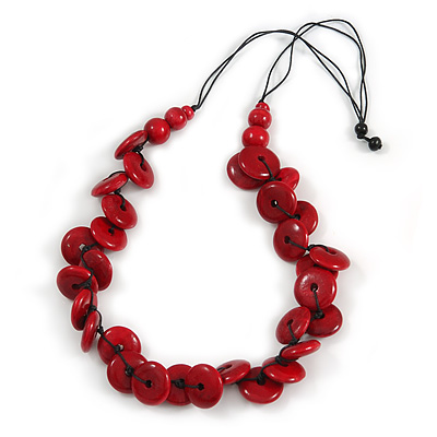 Statement Button Wood Bead Black Cord Necklace (Red) - 84cm L - main view
