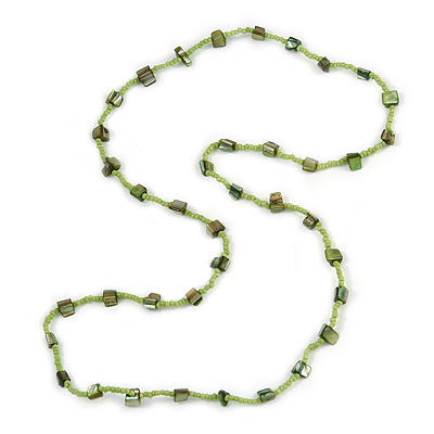 Classic Lime/ Green Glass Bead, Sea Shell Nugget Long Necklace - 100cm Long - main view