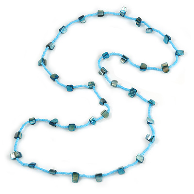 Classic Light Blue Glass Bead, Sea Shell Nugget Long Necklace - 100cm Long - main view