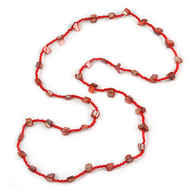 Classic Red Glass Bead, Sea Shell Nugget Long Necklace - 102cm Long