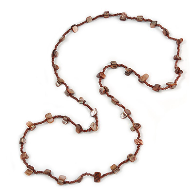 Classic Brown Glass Bead, Sea Shell Nugget Long Necklace - 100cm Long - main view