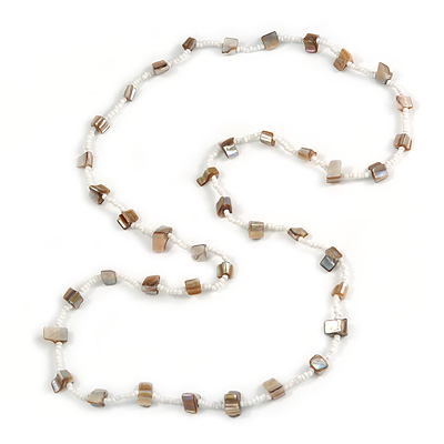 Classic Snow White Glass Bead, Antique White Sea Shell Nugget Long Necklace - 100cm Long - main view