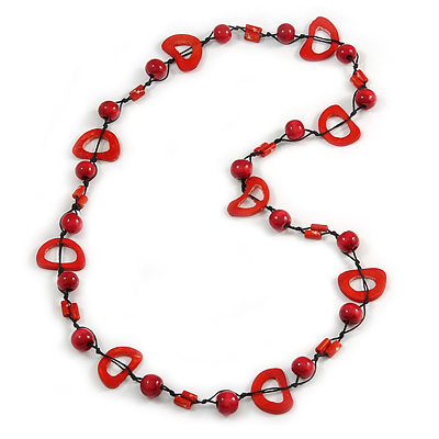 Cherry Red/ Brick Red Round and Oval Wooden Bead Cotton Cord Necklace - 84cm Long - main view