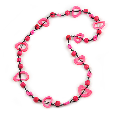 Neon Pink/ Deep Pink Round and Oval Wooden Bead Cotton Cord Necklace - 80cm Long - main view