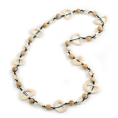 Off White/ Natural Round and Oval Wooden Bead Cotton Cord Necklace - 84cm Long