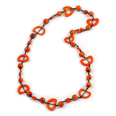 Orange Round and Oval Wooden Bead Cotton Cord Necklace - 80cm Long