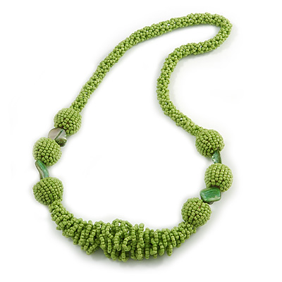 Chunky Light Green Glass and Shell Bead Necklace - 70cm L - main view