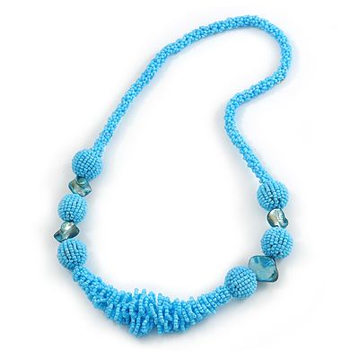 Chunky Light Blue Glass and Shell Bead Necklace - 70cm L - main view