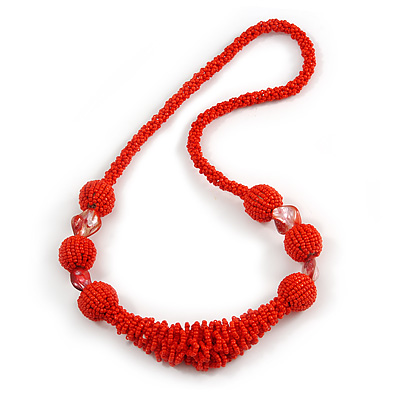 Chunky Bright Red Glass and Shell Bead Necklace - 70cm L - main view