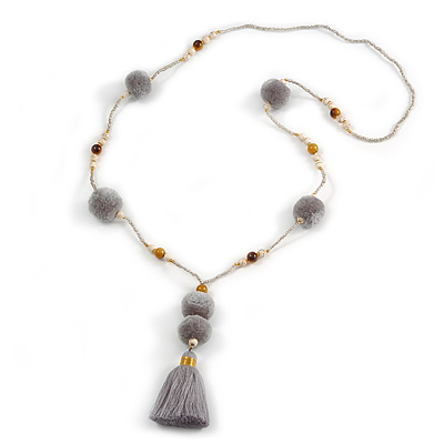 Light Grey Pom Pom, Tassel, Transparent Glass Bead Long Necklace - 88cm L/ 10cm Tassel - main view