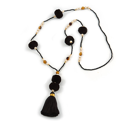 Black Glass Bead, Pom Pom, Tassel Long Necklace - 88cm L/ 10cm Tassel - main view